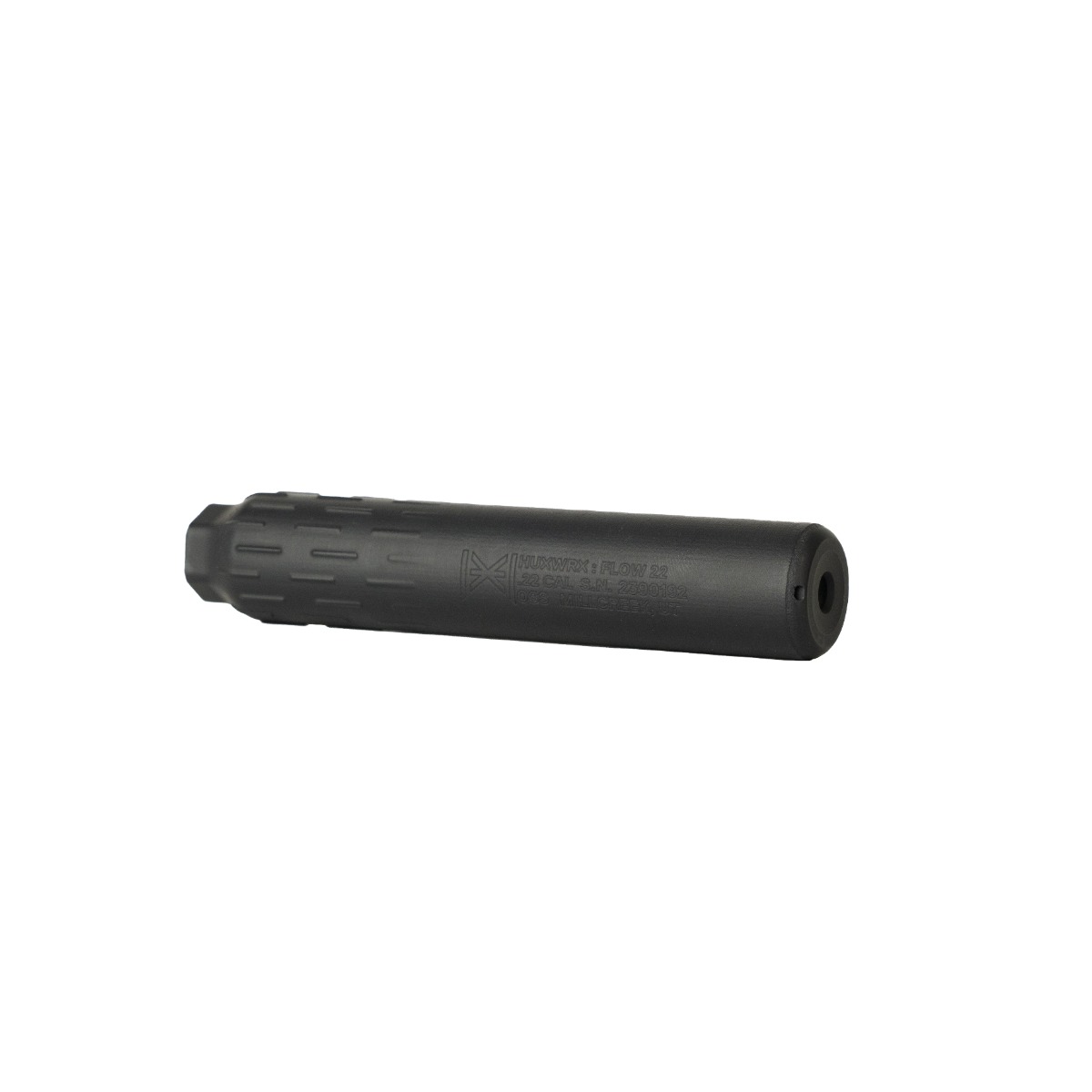HUXWRX Flow 22 Ti titanium suppressor in matte black, side profile
