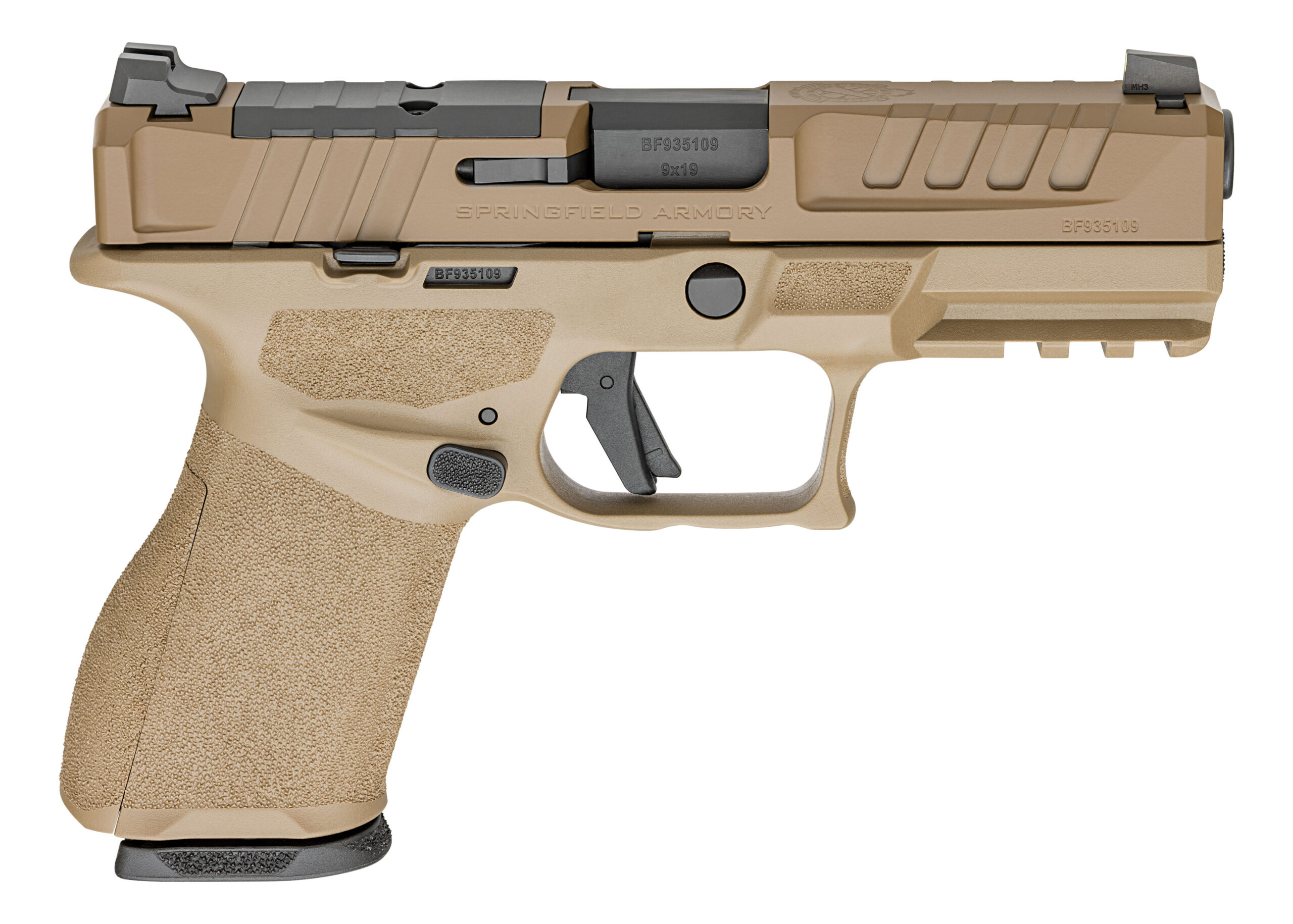 Springfield Armory Echelon 9mm FDE pistol with 15+1 capacity in scaled image.